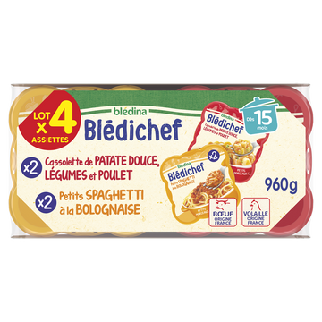 Plats bébé patate douce légumes poulet - spaghetti bolognaise dès 15 mois BLEDICHEF BLEDINA 2x230g + 2x250g