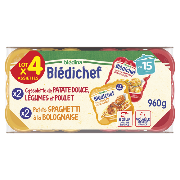 Plats bébé patate douce légumes poulet - spaghetti bolognaise dès 15 mois BLEDICHEF BLEDINA 2x230g + 2x250g