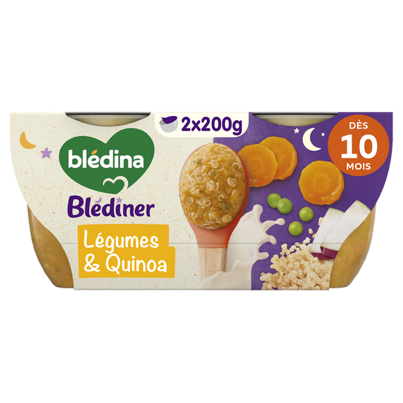 BLEDINA BLEDINER - Plat bébé du soir Légumes Quinoa, dès 12 mois - 2x200g - Repas bébé