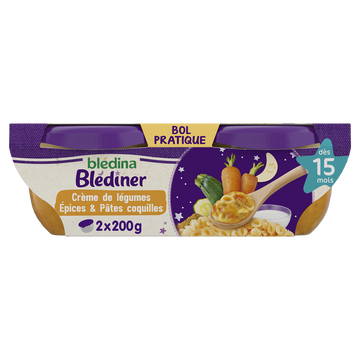 Plats bébé soir crème de légumes aux épices pâtes dès 15 mois BLEDINERBLEDINA 2x200g