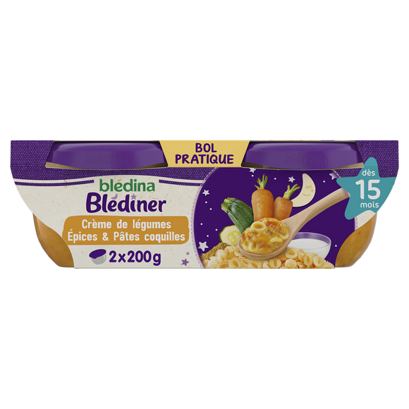 Plats bébé soir crème de légumes aux épices pâtes dès 15 mois BLEDINERBLEDINA 2x200g