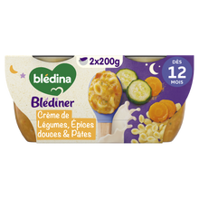 BLEDINA BLEDINER - Crème de légumes aux épices douces pâtes coquilles,dès 15 mois - 2x200g - Repas bébé