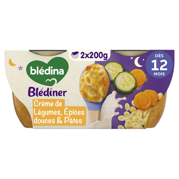 BLEDINA BLEDINER - Crème de légumes aux épices douces pâtes coquilles,dès 15 mois - 2x200g - Repas bébé