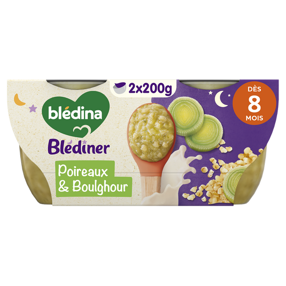 BLEDINA BLEDINER - Fondue de poireaux et boulghour, dès 8 mois - 2x200g - Repas bébé