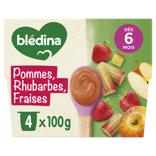 BLEDINA - Dessert bébé Pommes rhubarbes fraises, dès 8 mois - 4x100g