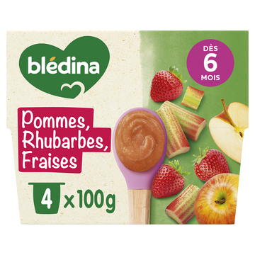 BLEDINA - Dessert bébé Pommes rhubarbes fraises, dès 8 mois - 4x100g