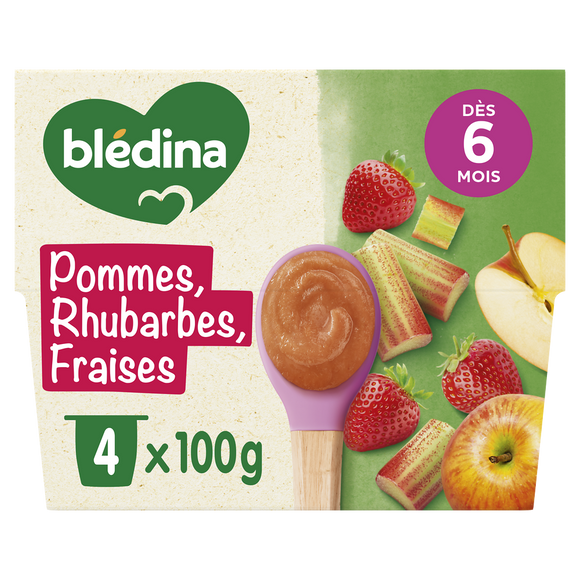 BLEDINA - Dessert bébé Pommes rhubarbes fraises, dès 8 mois - 4x100g