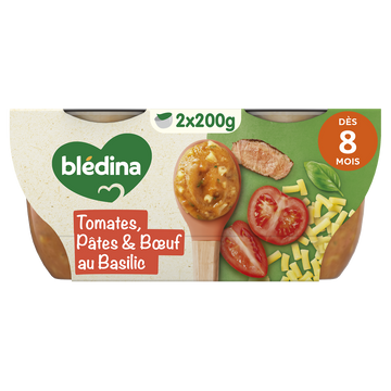 BLEDINA MES MOULINÉS - Plat bébé du midi Tomates cuisinées petites pâtes boeuf, dès 8 mois - 2x200g - Repas bébé