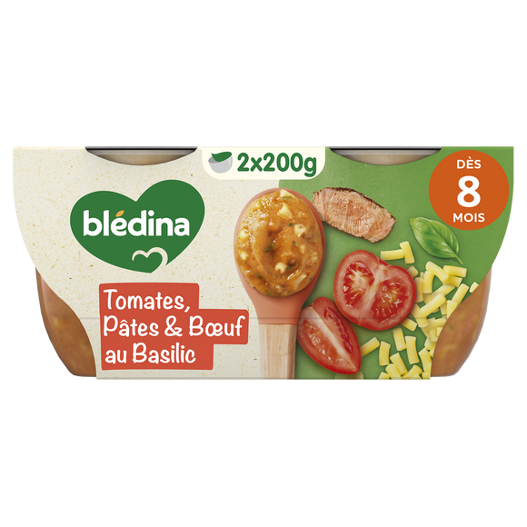 BLEDINA MES MOULINÉS - Plat bébé du midi Tomates cuisinées petites pâtes boeuf, dès 8 mois - 2x200g - Repas bébé