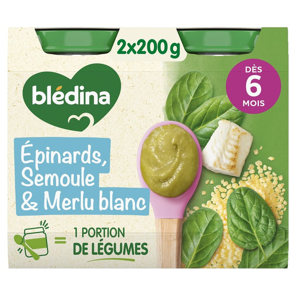 BLEDINA BLEDICHEF - Plat bébé du midi Épinards semoule merlu blanc, de6 à 12 mois - 2x200g - Petits pots bébé