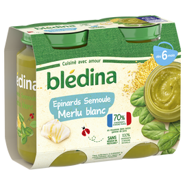 Petits pots bébé épinards semoule merlu blanc dès 6 mois BLEDINA 2x200g
