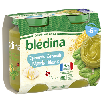 Petits pots bébé épinards semoule merlu blanc dès 6 mois BLEDINA 2x200g