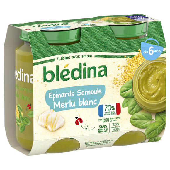 Petits pots bébé épinards semoule merlu blanc dès 6 mois BLEDINA 2x200g