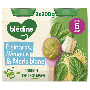 BLEDINA BLEDICHEF - Plat bébé du midi Épinards semoule merlu blanc, de6 à 12 mois - 2x200g - Petits pots bébé