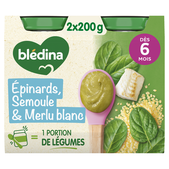 BLEDINA BLEDICHEF - Plat bébé du midi Épinards semoule merlu blanc, de6 à 12 mois - 2x200g - Petits pots bébé