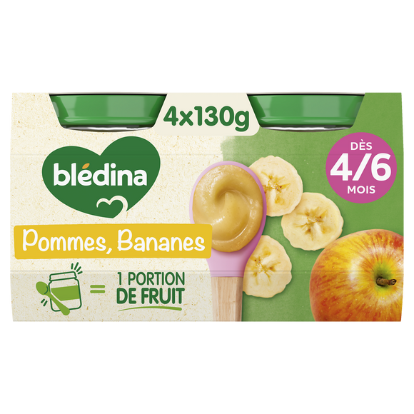BLEDINA - Dessert bébé Pommes Bananes, dès 4 mois - 4x130g