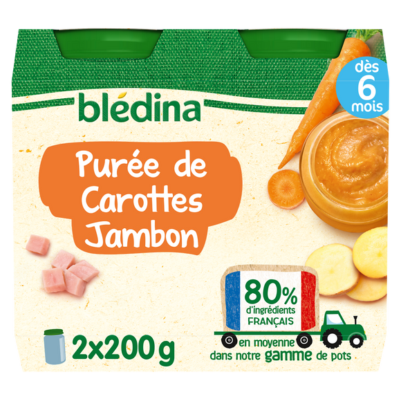 Petits pots bébé purée carottes jambon dès 6 mois BLEDINA 2x200g