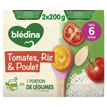 BLEDINA - Plat bébé du midi Tomates Riz Poulet, de 6 à 12 mois - 2x200g
