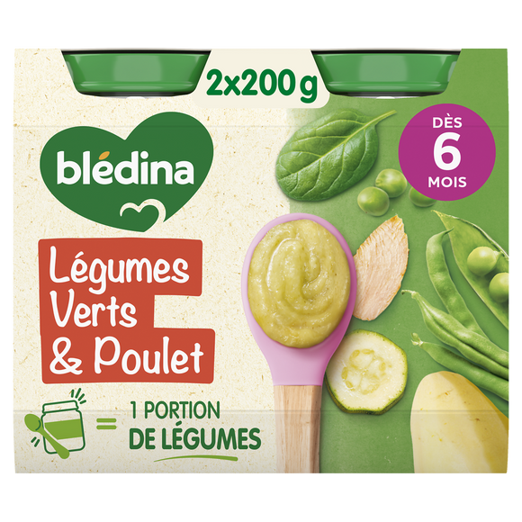 BLEDINA BLEDICHEF - Plat bébé du midi Légumes verts poulet, de 6 à 12mois - 2x200g - Petits pots bébé