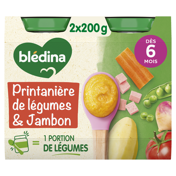 BLEDINA BLEDICHEF - Plat bébé du midi Printanière de légumes jambon, de 6 à 12 mois - 2x200g - Petits pots bébé