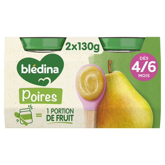 BLEDINA - Dessert bébé Poire Williams, dès 4 mois - 2x130g