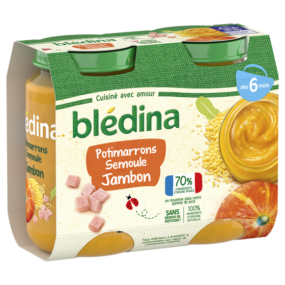 Petits pots bébé potimarrons semoule jambon dès 6 mois BLEDINA 2x200g
