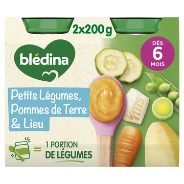 BLEDINA - Plat bébé du midi Petits légumes pommes de terre lieu, de 6à12 mois - 2x200g
