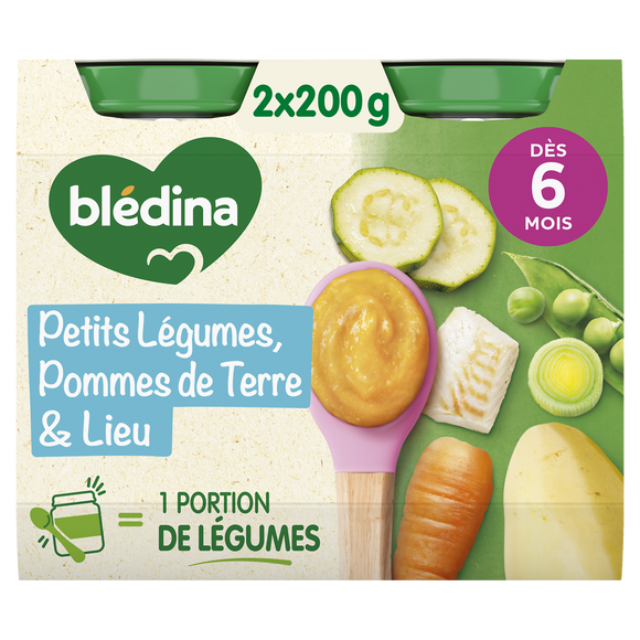 BLEDINA - Plat bébé du midi Petits légumes pommes de terre lieu, de 6à12 mois - 2x200g