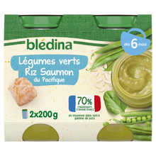 BLEDINA - Plat bébé du midi Légumes verts Riz Saumon du Pacifique, de6à 12 mois - 2x200g
