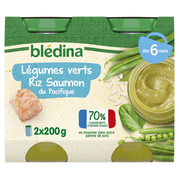 BLEDINA - Plat bébé du midi Légumes verts Riz Saumon du Pacifique, de6à 12 mois - 2x200g