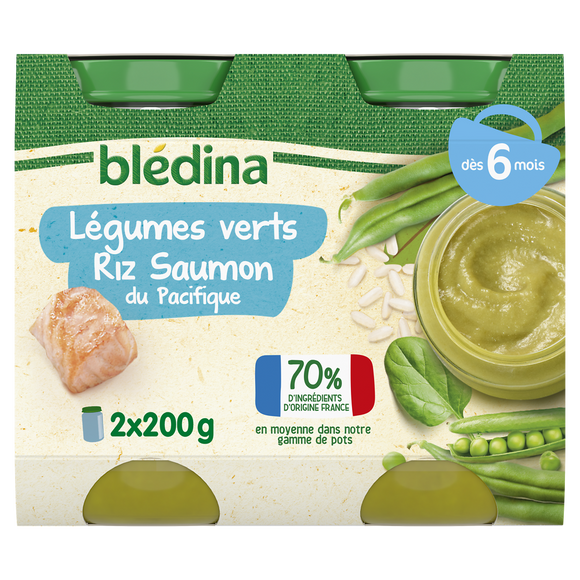 BLEDINA - Plat bébé du midi Légumes verts Riz Saumon du Pacifique, de6à 12 mois - 2x200g