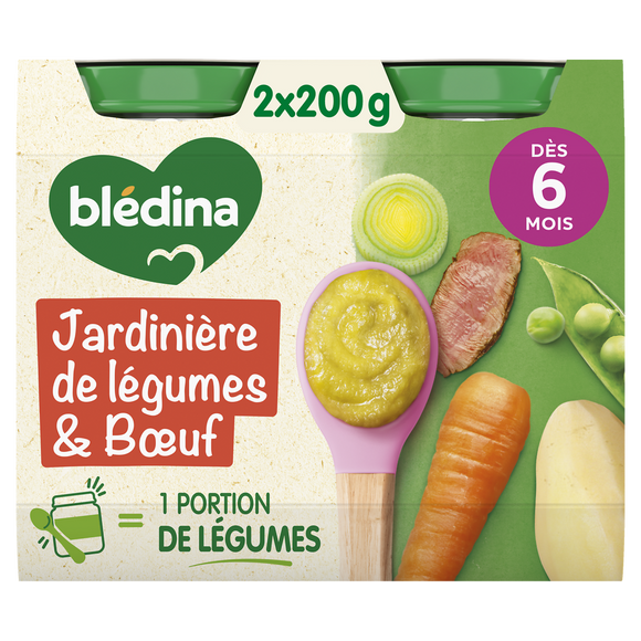 BLEDINA BLEDICHEF - Plat bébé du midi Boeuf aux légumes, de 6 à 12 mois - 2x200g - Petits pots bébé