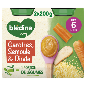 BLEDINA BLEDICHEF - Plat bébé du midi Carottes semoule dinde, de 6 à 12 mois - 2x200g