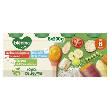 BLEDINA - Plat bébé du midi Jardinière de Légumes Poulet / RatatouilleRiz Colin / Carotte patate douce, dès 8 mois - 8x200g