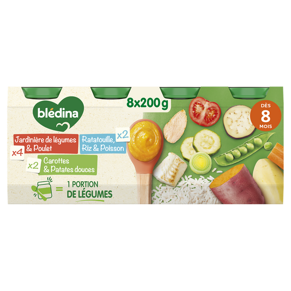 BLEDINA - Plat bébé du midi Jardinière de Légumes Poulet / RatatouilleRiz Colin / Carotte patate douce, dès 8 mois - 8x200g