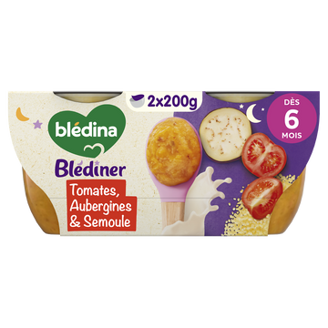 BLEDINA BLEDINER - Douceur de tomates aubergines et semoule, de 6 à 12mois - 2x200g - Repas bébé