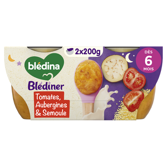 BLEDINA BLEDINER - Douceur de tomates aubergines et semoule, de 6 à 12mois - 2x200g - Repas bébé
