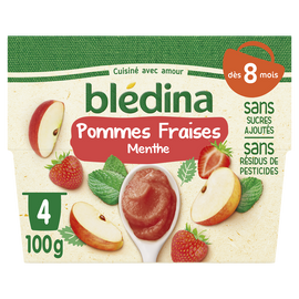 Purée de fruits bébé pommes fraises menthe dès 8 mois BLEDINA 4x100g