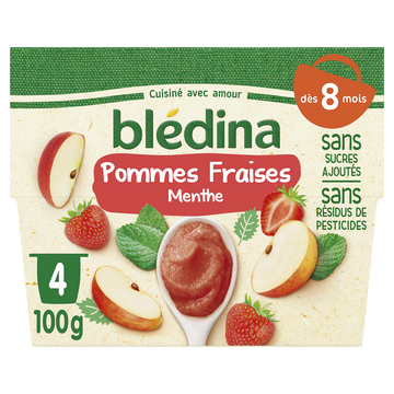 BLEDINA - Dessert bébé Pommes Fraises Menthe, dès 8 mois - 4x100g
