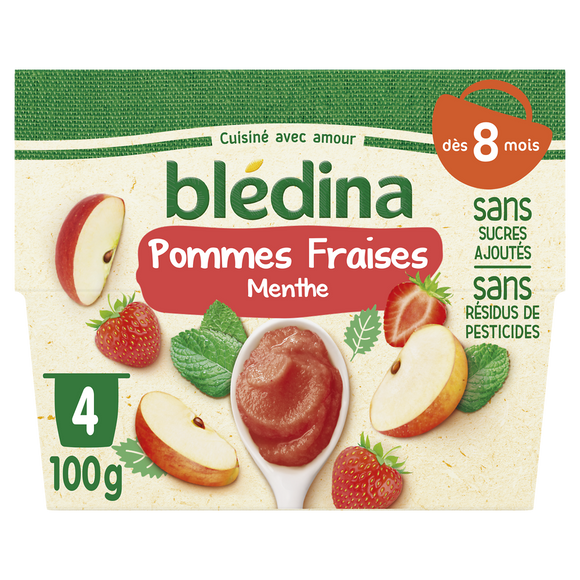 BLEDINA - Dessert bébé Pommes Fraises Menthe, dès 8 mois - 4x100g