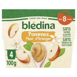 Purée de fruits bébé pommes fleur d'orangé dès 8 mois BLEDINA 4x100g