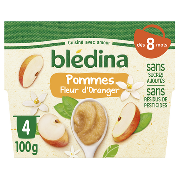 BLEDINA - Dessert bébé Pommes fleur d'oranger, dès 8 mois - 4x100g