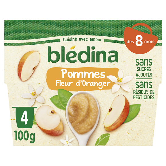 BLEDINA - Dessert bébé Pommes fleur d'oranger, dès 8 mois - 4x100g