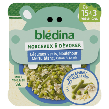 Plat bébé morceaux légumes verts boulghour merlu citron dès 15 mois BLEDINA 200g