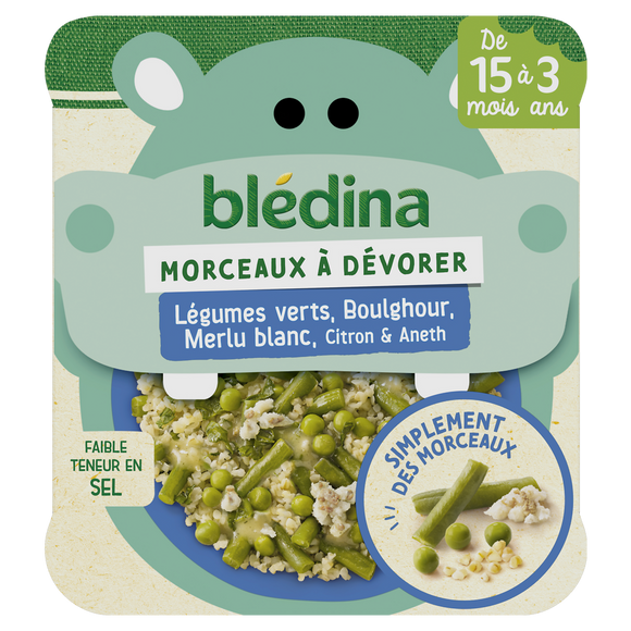 Plat bébé morceaux légumes verts boulghour merlu citron dès 15 mois BLEDINA 200g
