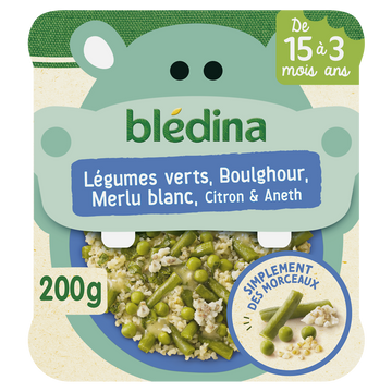 BLEDINA BLEDICHEF - Plat bébé morceaux légumes verts boulghour merlu citron, dès 15 mois - 200g - Repas bébé