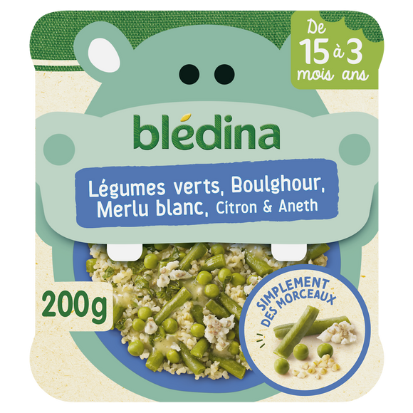 BLEDINA BLEDICHEF - Plat bébé morceaux légumes verts boulghour merlu citron, dès 15 mois - 200g - Repas bébé
