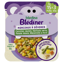 Plat bébé soir morceaux carottes haricots verts patate douce macaronisdès 15 mois BLEDINER BLEDINA 200g