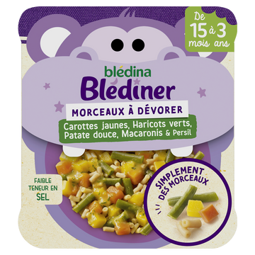 Plat bébé soir morceaux carottes haricots verts patate douce macaronisdès 15 mois BLEDINER BLEDINA 200g
