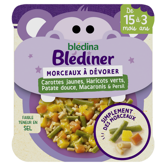 Plat bébé soir morceaux carottes haricots verts patate douce macaronisdès 15 mois BLEDINER BLEDINA 200g